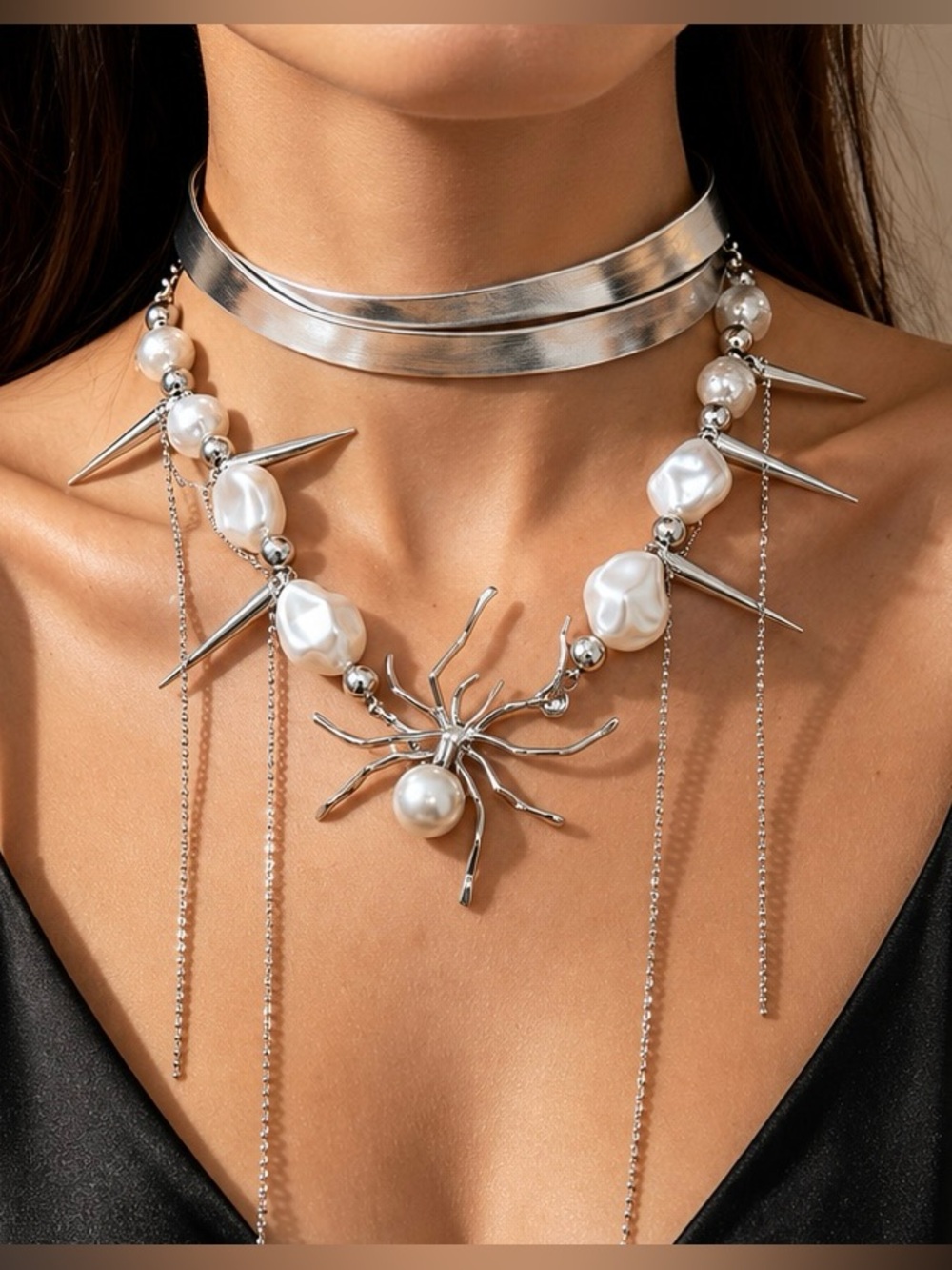 Silver Tone Spider Pearl Spike Statement Necklace Leather & Metal Gothic Jewelry